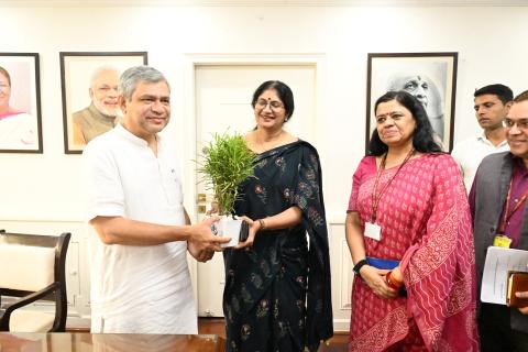 Shri Ashwini Vaishnaw being welcomed during his arrival for taking charge as the Union Minister for Information & Broadcasting, in New Delhi on June 11, 2024.