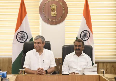 Shri Ashwini Vaishnaw chaired a meeting after taking charge as the Union Minister for Information & Broadcasting, in New Delhi on June 11, 2024.