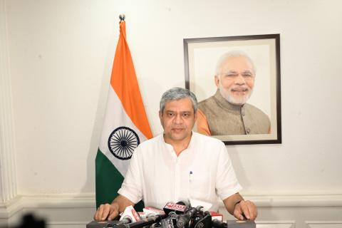 Shri Ashwini Vaishnaw interacting with media after taking charge as the Union Minister for Information & Broadcasting, in New Delhi on June 11, 2024.