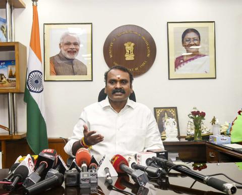 Dr. L. Murugan addressing the Media after assuming charge as the Minister of State for Information & Broadcasting, in New Delhi on June 11, 2024.