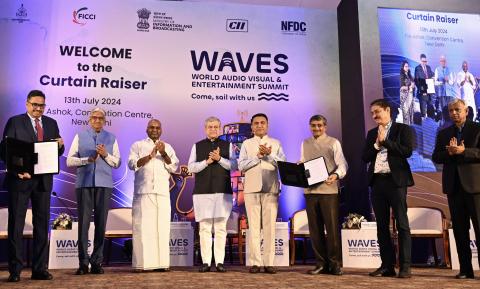 The Union Minister of Railways, Information and Broadcasting and Electronics and Information Technology, Shri Ashwini Vaishnaw at the inauguration of the Curtain Raiser event on World Audio Visual and Entertainment Summit 2024