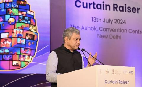 The Union Minister of Railways, Information and Broadcasting and Electronics and Information Technology, Shri Ashwini Vaishnaw at the inauguration of the Curtain Raiser event on World Audio Visual and Entertainment Summit 2024