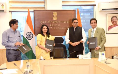 The Secretary, Ministry of Information and Broadcasting, Shri Sanjay Jaju witnessing the signing of MoU between National Film Development Corporation (NFDC) and Netflix India at Shastri Bhawan, in New Delhi on July 18, 2024.