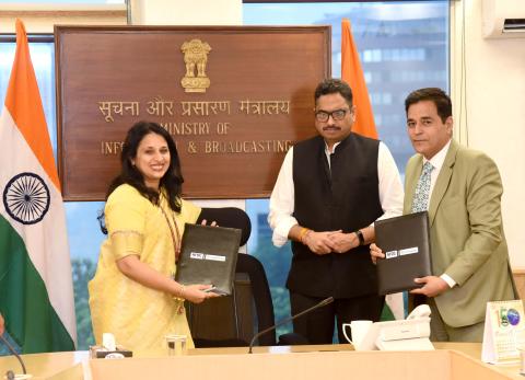 The Secretary, Ministry of Information and Broadcasting, Shri Sanjay Jaju witnessing the signing of MoU between National Film Development Corporation (NFDC) and Netflix India at Shastri Bhawan, in New Delhi on July 18, 2024.